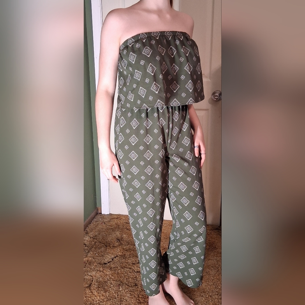 Time and Tru Olive Geometric Jumpsuit